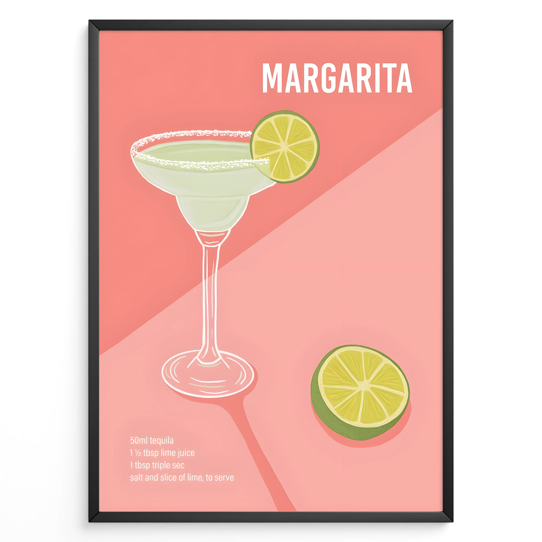Modern Margarita cocktail poster with lime garnish and recipe text on a pink background, framed for kitchen or bar wall décor.