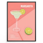 Indlæs billede til gallerivisning Modern Margarita cocktail poster with lime garnish and recipe text on a pink background, framed for kitchen or bar wall décor.
