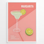 Indlæs billede til gallerivisning Modern Margarita cocktail poster with lime garnish and recipe text on a pink background, framed for kitchen or bar wall décor.
