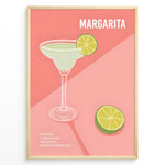 Indlæs billede til gallerivisning Modern Margarita cocktail poster with lime garnish and recipe text on a pink background, framed for kitchen or bar wall décor.
