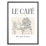 Indlæs billede til gallerivisning Minimalist illustration of a Parisian café with tables, plants, and barista, text reading “Le Café Since 1996 – More espresso, less depresso,” framed in black.
