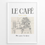 Indlæs billede til gallerivisning Minimalist illustration of a Parisian café with tables, plants, and barista, text reading “Le Café Since 1996 – More espresso, less depresso,” framed in white.
