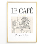 Indlæs billede til gallerivisning Minimalist illustration of a Parisian café with tables, plants, and barista, text reading “Le Café Since 1996 – More espresso, less depresso,” framed in golden.
