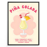Indlæs billede til gallerivisning Colorful Piña Colada cocktail poster with pineapple slice, cherries, and recipe text on a cream background, framed as tropical kitchen or bar wall art.
