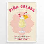 Indlæs billede til gallerivisning Colorful Piña Colada cocktail poster with pineapple slice, cherries, and recipe text on a cream background, framed as tropical kitchen or bar wall art.
