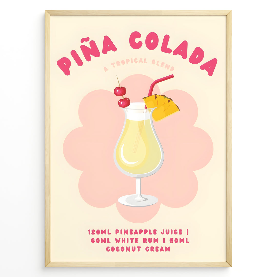 Colorful Piña Colada cocktail poster with pineapple slice, cherries, and recipe text on a cream background, framed as tropical kitchen or bar wall art.