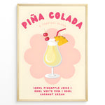 Indlæs billede til gallerivisning Colorful Piña Colada cocktail poster with pineapple slice, cherries, and recipe text on a cream background, framed as tropical kitchen or bar wall art.
