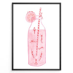 Indlæs billede til gallerivisning Art poster of tiny swimmers inside a pink lemonade bottle with a striped straw and lemon slice, framed as modern summer wall décor.
