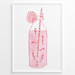 Indlæs billede til gallerivisning Art poster of tiny swimmers inside a pink lemonade bottle with a striped straw and lemon slice, framed as modern summer wall décor.
