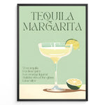 Indlæs billede til gallerivisning Tequila Margarita poster with a cocktail glass, lime slice, and recipe text on a mint green background, framed as modern kitchen or bar wall art.
