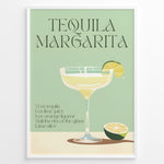 Indlæs billede til gallerivisning Tequila Margarita poster with a cocktail glass, lime slice, and recipe text on a mint green background, framed as modern kitchen or bar wall art.
