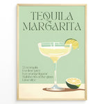 Indlæs billede til gallerivisning Tequila Margarita poster with a cocktail glass, lime slice, and recipe text on a mint green background, framed as modern kitchen or bar wall art.
