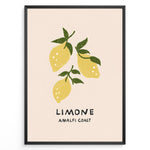 Indlæs billede til gallerivisning Minimalist Limone Amalfi Coast poster with hand-drawn yellow lemons and green leaves on a light background, framed as Italian kitchen wall art.
