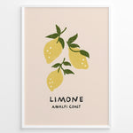 Indlæs billede til gallerivisning Minimalist Limone Amalfi Coast poster with hand-drawn yellow lemons and green leaves on a light background, framed as Italian kitchen wall art.
