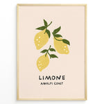 Indlæs billede til gallerivisning Minimalist Limone Amalfi Coast poster with hand-drawn yellow lemons and green leaves on a light background, framed as Italian kitchen wall art.
