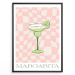 Indlæs billede til gallerivisning Retro-style Margarita cocktail poster featuring a green drink with a lime slice on a pink and cream checkered background, framed as modern kitchen or bar wall art.

