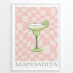 Indlæs billede til gallerivisning Retro-style Margarita cocktail poster featuring a green drink with a lime slice on a pink and cream checkered background, framed as modern kitchen or bar wall art.
