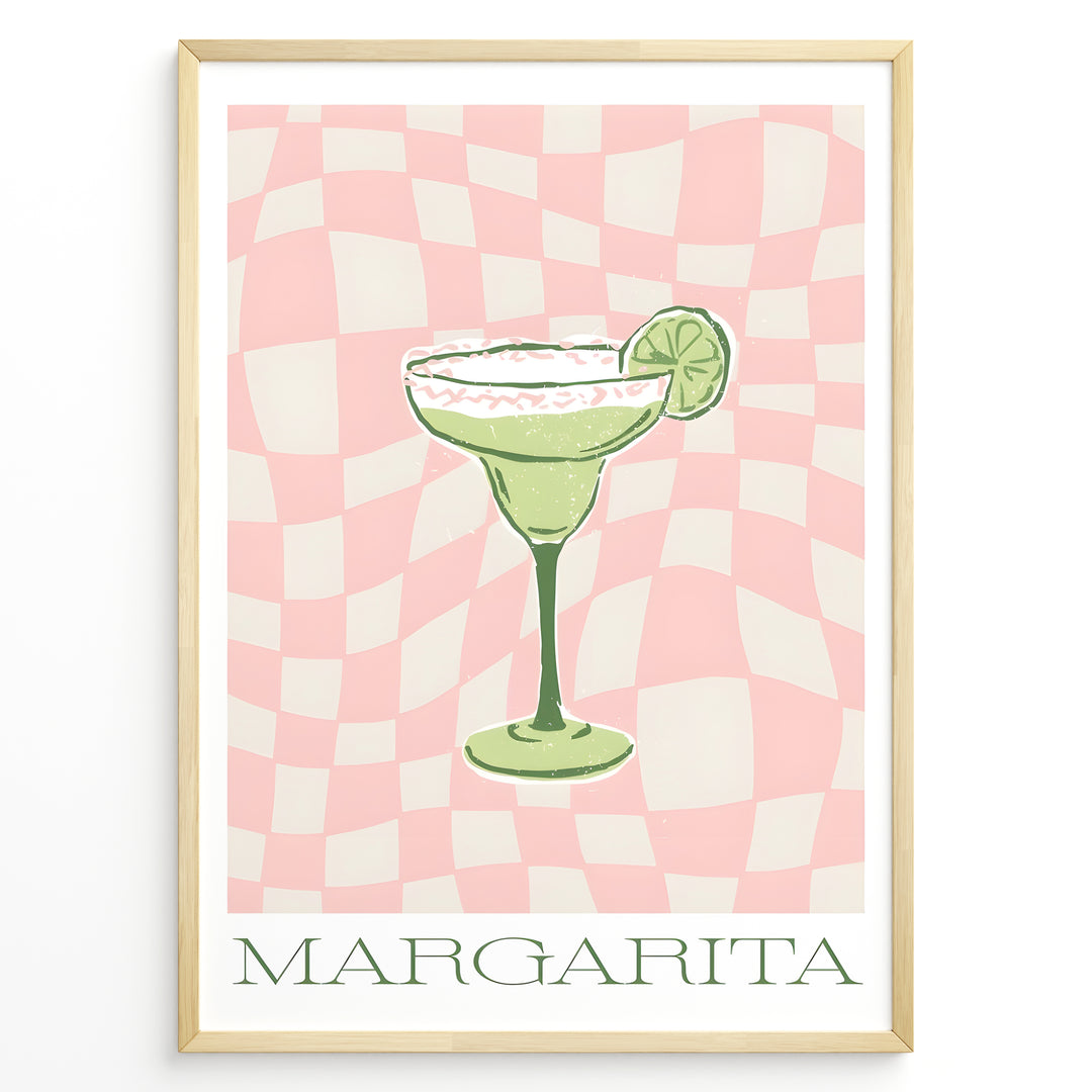Retro-style Margarita cocktail poster featuring a green drink with a lime slice on a pink and cream checkered background, framed as modern kitchen or bar wall art.
