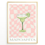 Indlæs billede til gallerivisning Retro-style Margarita cocktail poster featuring a green drink with a lime slice on a pink and cream checkered background, framed as modern kitchen or bar wall art.

