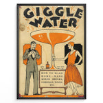 Indlæs billede til gallerivisning Vintage “Giggle Water” poster with a 1920s man and woman holding cocktails beside a large orange glass, framed as retro bar or cocktail wall art.
