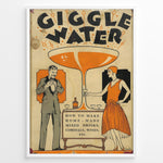 Indlæs billede til gallerivisning Vintage “Giggle Water” poster with a 1920s man and woman holding cocktails beside a large orange glass, framed as retro bar or cocktail wall art.
