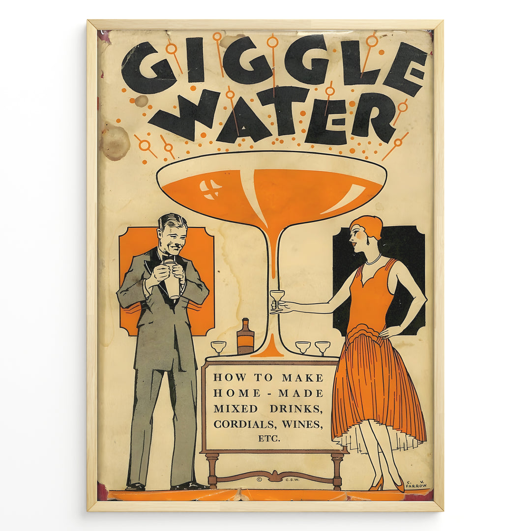 Vintage “Giggle Water” poster with a 1920s man and woman holding cocktails beside a large orange glass, framed as retro bar or cocktail wall art.