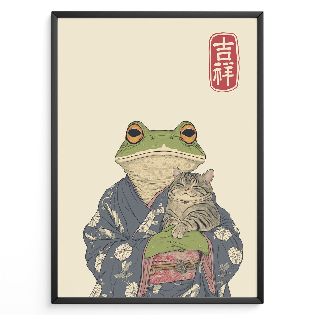 Japanese-style illustration of a frog in a kimono holding a smiling cat, with a red kanji good fortune symbol.