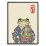 Indlæs billede til gallerivisning Japanese-style illustration of a frog in a kimono holding a smiling cat, with a red kanji good fortune symbol.
