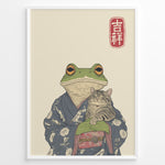 Indlæs billede til gallerivisning Japanese-style illustration of a frog in a kimono holding a smiling cat, with a red kanji good fortune symbol.
