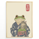 Indlæs billede til gallerivisning Japanese-style illustration of a frog in a kimono holding a smiling cat, with a red kanji good fortune symbol.
