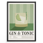 Indlæs billede til gallerivisning Minimalist Gin &amp; Tonic poster featuring a cocktail glass with lime slice, ice cube, and rosemary sprig on a green striped background, framed as bar or kitchen wall art.
