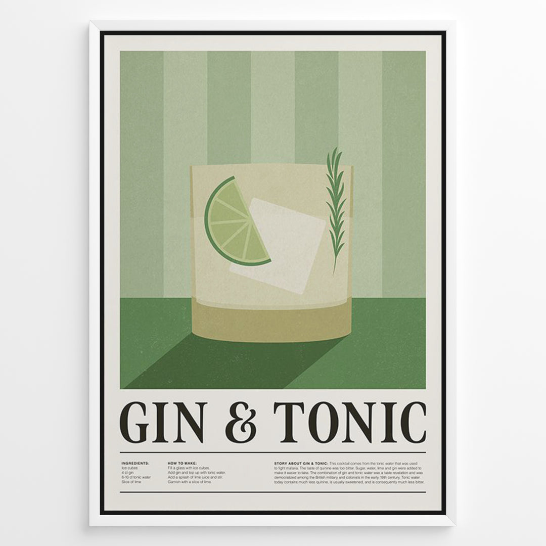 Minimalist Gin & Tonic poster featuring a cocktail glass with lime slice, ice cube, and rosemary sprig on a green striped background, framed as bar or kitchen wall art.