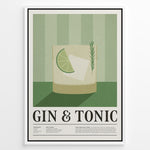 Indlæs billede til gallerivisning Minimalist Gin &amp; Tonic poster featuring a cocktail glass with lime slice, ice cube, and rosemary sprig on a green striped background, framed as bar or kitchen wall art.
