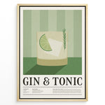 Indlæs billede til gallerivisning Minimalist Gin &amp; Tonic poster featuring a cocktail glass with lime slice, ice cube, and rosemary sprig on a green striped background, framed as bar or kitchen wall art.

