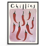 Indlæs billede til gallerivisning Modern poster featuring red chillies with green stems on a mauve background, framed as minimalist kitchen wall art.

