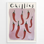 Indlæs billede til gallerivisning Modern poster featuring red chillies with green stems on a mauve background, framed as minimalist kitchen wall art.
