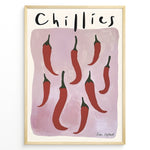 Indlæs billede til gallerivisning Modern poster featuring red chillies with green stems on a mauve background, framed as minimalist kitchen wall art.
