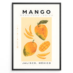 Indlæs billede til gallerivisning Modern mango poster featuring whole and sliced mangoes with “Mango – Jalisco, México” text on a yellow background, framed as tropical kitchen wall art.
