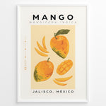 Indlæs billede til gallerivisning Modern mango poster featuring whole and sliced mangoes with “Mango – Jalisco, México” text on a yellow background, framed as tropical kitchen wall art.
