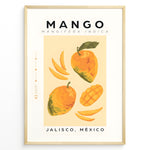Indlæs billede til gallerivisning Modern mango poster featuring whole and sliced mangoes with “Mango – Jalisco, México” text on a yellow background, framed as tropical kitchen wall art.
