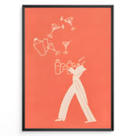 Indlæs billede til gallerivisning Minimal modern illustration of a bartender juggling cocktail shakers and martini glasses on a coral background, framed as contemporary bar wall art.
