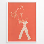 Indlæs billede til gallerivisning Minimal modern illustration of a bartender juggling cocktail shakers and martini glasses on a coral background, framed as contemporary bar wall art.

