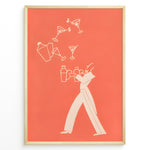 Indlæs billede til gallerivisning Minimal modern illustration of a bartender juggling cocktail shakers and martini glasses on a coral background, framed as contemporary bar wall art.
