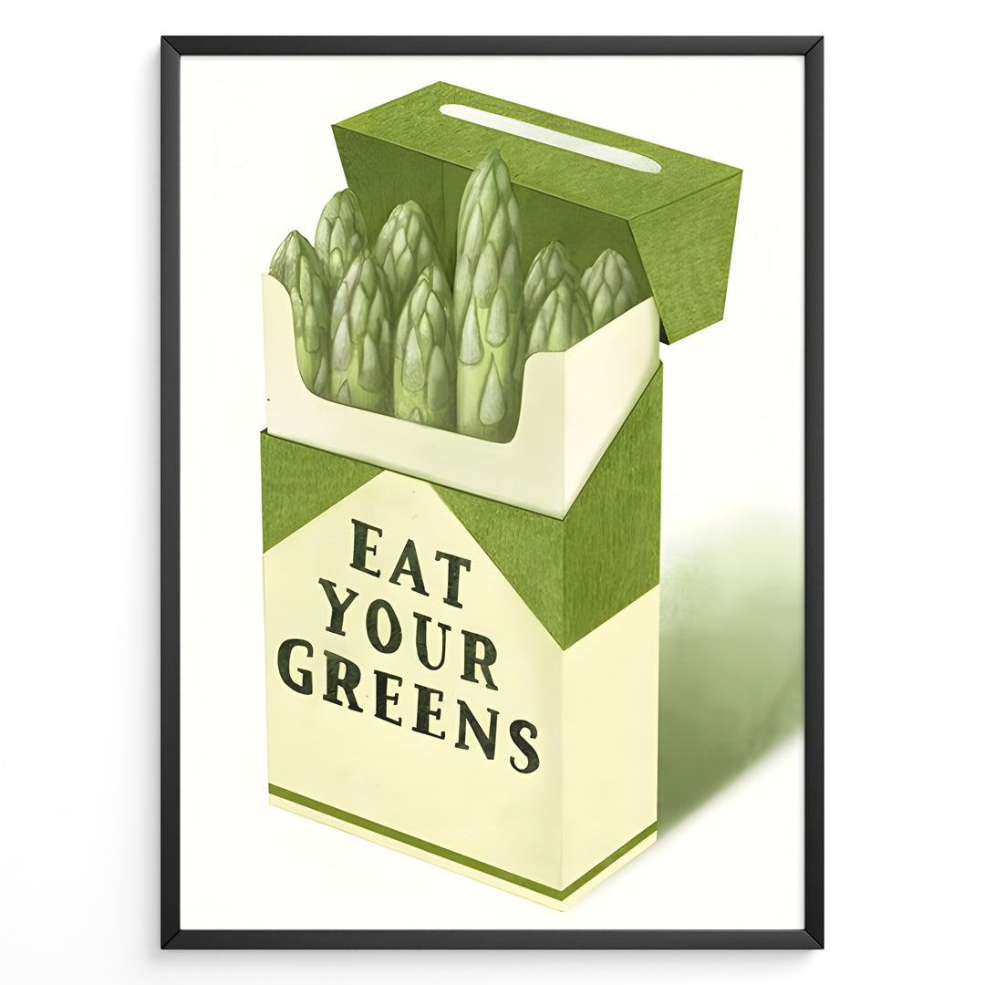 Illustration of asparagus arranged in a cigarette-style box with the text “Eat Your Greens,” designed as quirky green kitchen wall art.