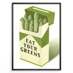 Indlæs billede til gallerivisning Illustration of asparagus arranged in a cigarette-style box with the text “Eat Your Greens,” designed as quirky green kitchen wall art.
