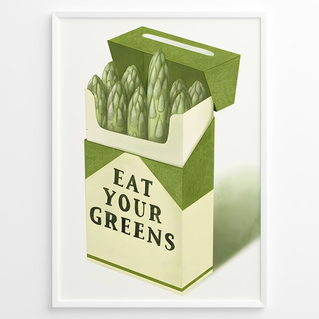 Illustration of asparagus arranged in a cigarette-style box with the text “Eat Your Greens,” designed as quirky green kitchen wall art.
