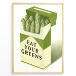 Indlæs billede til gallerivisning Illustration of asparagus arranged in a cigarette-style box with the text “Eat Your Greens,” designed as quirky green kitchen wall art.
