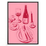 Indlæs billede til gallerivisning Pink minimal line-art illustration of a wine bottle, wine glass, candle, lemon slices, and dinner plate in a modern kitchen wall art style.
