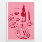 Indlæs billede til gallerivisning Pink minimal line-art illustration of a wine bottle, wine glass, candle, lemon slices, and dinner plate in a modern kitchen wall art style.
