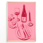 Indlæs billede til gallerivisning Pink minimal line-art illustration of a wine bottle, wine glass, candle, lemon slices, and dinner plate in a modern kitchen wall art style.
